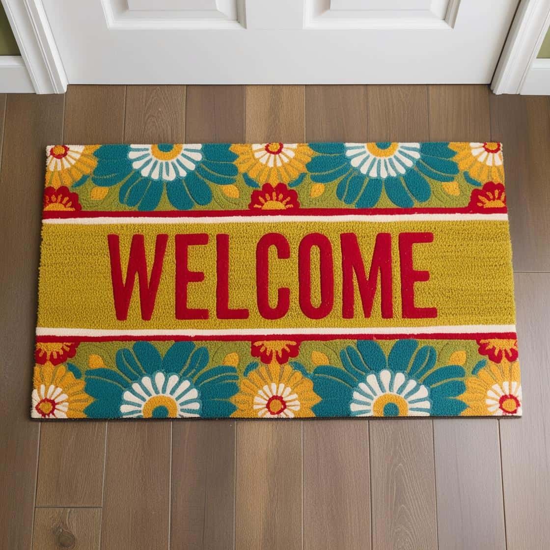a colorful welcome mat on a wood floor depicting a homepage of a website