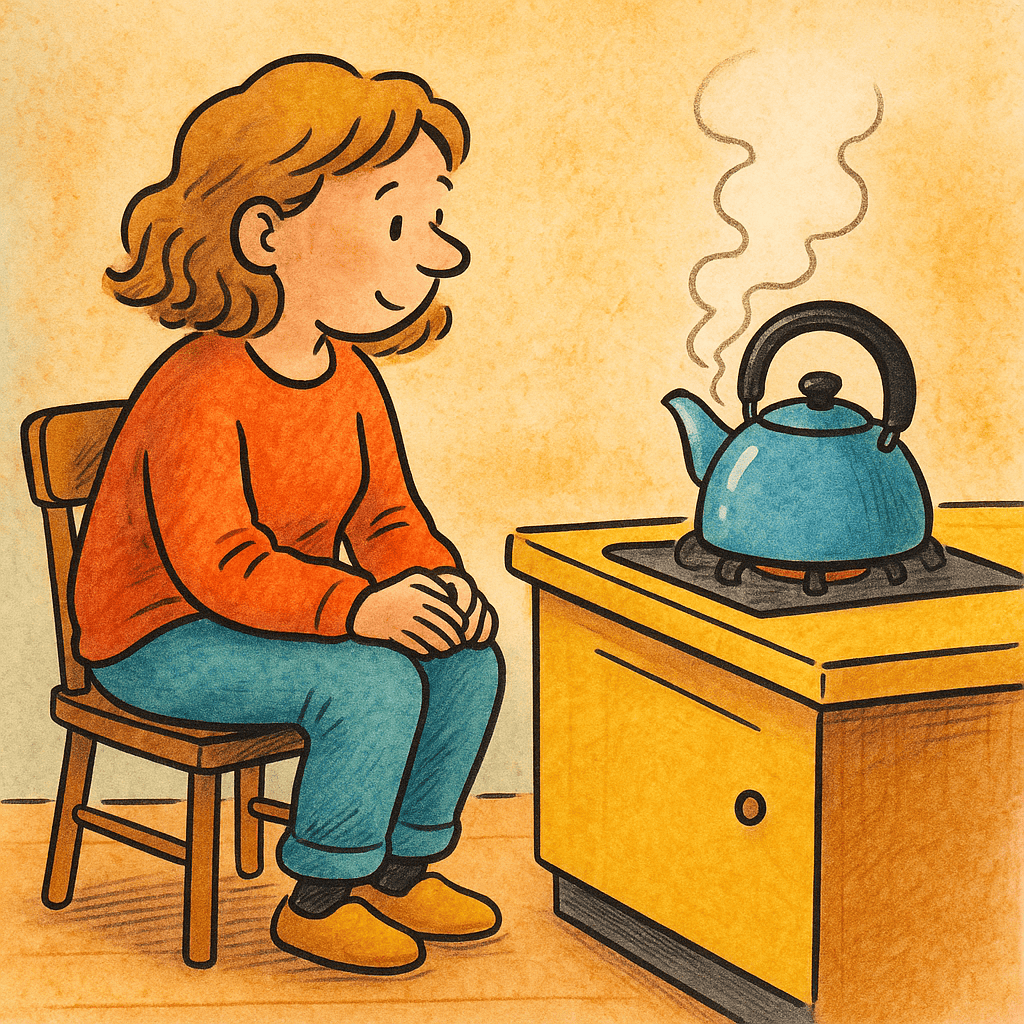a cartoon of a woman sitting on a chair looking at a kettle thinking about quiet wins in blogging