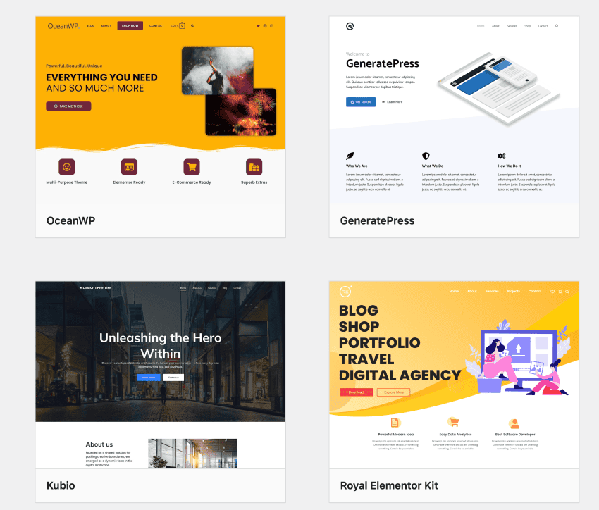 Browsing for a WordPress theme with previews of layouts and designs